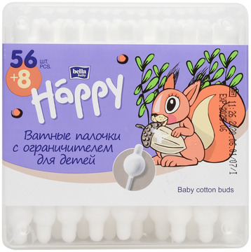  Ватні палички Bella Baby Happy дитячі з обмежувачем 56+8 шт.